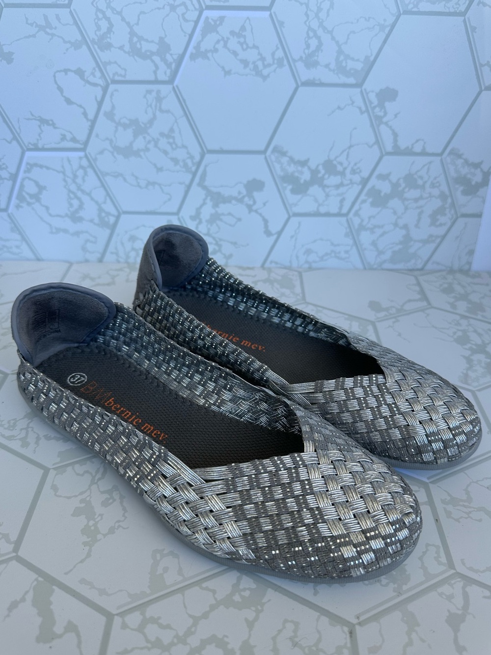 bernie mev. Metallic Woven Ballet Flats in Silver